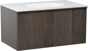 Balmani Forma zwevend badkamermeubel 90 x 55 cm gerookte eik met Tablo Oval enkele wastafel in solid surface mat wit, Verticale symmetrische rechte ribbel