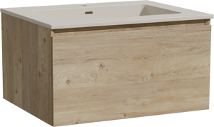 Storke Edge zwevend badkamermeubel 65 x 52 cm ruwe eik met Diva enkele wastafel in top solid zijdegrijs