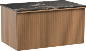Balmani Forma hängendes Möbelstück Set: 90 x 55 cm, Teak, mit Stretto Einzel Waschtischplatte, Marmor, Portoro Gold, Vertikale symmetrische gerade Rippe