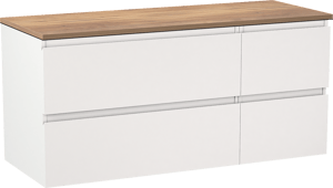 Linie Lado hängendes Möbelstück Set: 120 x 46 cm, Weiß matt, mit Lado Einzel- oder Doppel Waschtischplatte, Melamin Naturbelassene Eiche