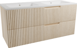 Linie Ribbo meuble salle de bains suspendu 120 x 46 cm chêne clair avec Vano double vasque en marbre composite blanc brillant, Nervure circulaire symétrique verticale