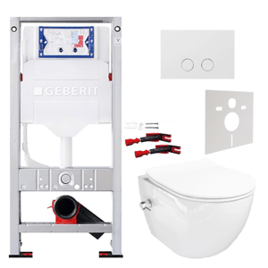 Luca Varess Moreno bidet blanc brillant sans bride avec Geberit Sigma réservoir de chasse encastré UP320 avec cadre Burda et plaque de commande