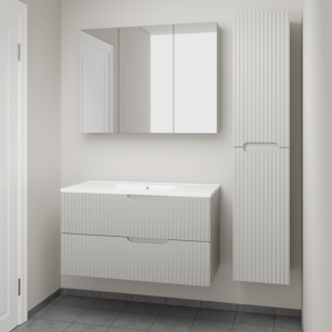Linie Ribbo zwevend badmeubel 100 x 46 cm greige met Vano enkele wastafel in composietmarmer mat wit, Verticale symmetrische ronde ribbel, Montro spiegelkast en Ribbo kolomkast