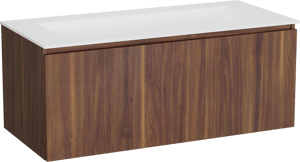 Balmani Sfera by Lucida zwevend badkamermeubel 120 x 55 cm amerikaanse notelaar met Tablo Stretto enkele wastafel voor 2 kraangaten in solid surface mat wit