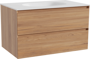 Balmani Mitra zwevend badkamermeubel 90 x 55 cm teak met Tablo Oval enkele wastafel in solid surface mat wit