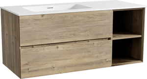 Storke Edge zwevend badkamermeubel 120 x 52 cm ruwe eik met Mata asymmetrisch linkse wastafel in solid surface mat wit