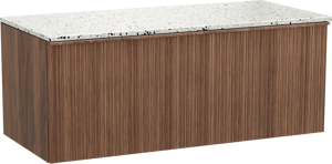 Balmani Forma zwevend badkamermeubel 120 x 55 cm amerikaanse notelaar met Stretto enkel of dubbel tablet in mat wit/zwart terrazzo, Verticale asymmetrische ronde ribbel