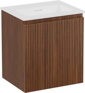 Storke Ribs zwevend badkamermeubel 45 x 35 cm notelaar met Mata enkele wastafel in solid surface mat wit, Verticale symmetrische rechte ribbel
