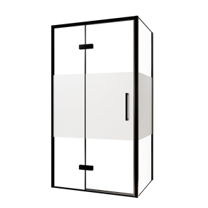 Balmani Senses Design douche en coin avec porte pivotante à gauche et paroi latérale fixe, 100 x 100 cm, Verre transparent avec bande matte, Profil noir, coating inclus