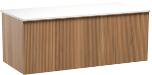 Balmani Forma hängendes Möbelstück Set: 120 x 55 cm, Teak, mit Stretto Einzel- oder Doppel Waschtischplatte, Solid Surface, Weiß matt, Vertikale symmetrische gerade Rippe
