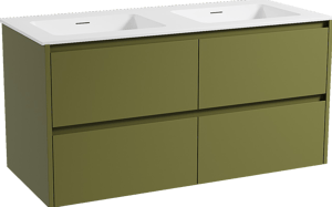 Storke Seda zwevend badkamermeubel 120 x 52 cm olijfgroen met Mata dubbele wastafel in solid surface mat wit