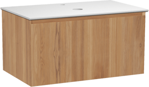 Balmani Idra by Mitra hängendes Möbelstück Set: 90 x 55 cm, Teak, mit Facetta Einzel Waschtischplatte, Solid Surface Weiß matt