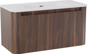 Storke Soft zwevend badkamermeubel 100 x 46 cm notelaar met Kera Soft enkele wastafel in porselein mat wit, Verticale symmetrische rechte ribbel