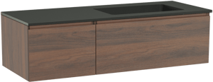 Storke Edge zwevend badkamermeubel 130 x 52 cm notelaar met Scuro asymmetrisch rechtse wastafel in kwarts mat zwart