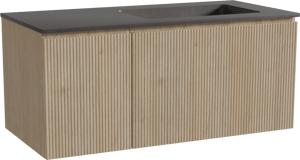 Storke Ribs meuble salle de bains suspendu 110 x 52 cm chêne brut avec Scuro vasque asymétrique droite en quartz noir mat, Nervure droite symétrique verticale