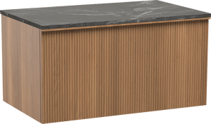 Balmani Forma hängendes Möbelstück Set: 90 x 55 cm, Teak, mit Stretto Einzel Waschtischplatte, Marmor, Pietra Grey, Vertikale symmetrische gerade Rippe