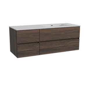 Storke Edge zwevend badkamermeubel 140 x 52 cm notelaar met Diva asymmetrisch rechtse wastafel in composietmarmer glanzend wit