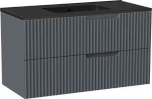 Linie Ribbo meuble salle de bains suspendu 100 x 46 cm bleu anthracite avec Vano plan simple en marbre composite noir mat, Nervure circulaire symétrique verticale