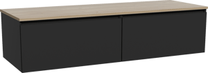Storke Edge zwevend badkamermeubel 150 x 52 cm mat zwart met Panton enkel of dubbel tablet in melamine ruwe eik