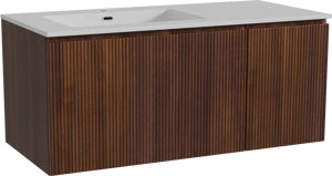 Storke Ribs zwevend badkamermeubel 110 x 52 cm notelaar met Diva asymmetrisch linkse wastafel in composietmarmer glanzend wit, Verticale symmetrische rechte ribbel