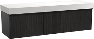 Balmani Forma hängendes Möbelstück Set: 180 x 55 cm, Schwarze Eiche, mit Dominus Einzel- oder Doppel Waschtischplatte, Solid Surface, Weiß matt, Vertikale symmetrische gerade Rippe