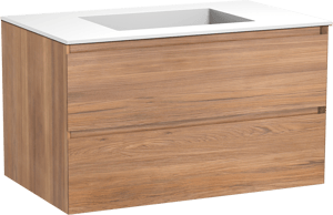 Balmani Mitra zwevend badkamermeubel 90 x 55 cm teak met Tablo Stretto enkele wastafel in solid surface mat wit