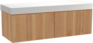 Balmani Idra by Mitra zwevend badkamermeubel 150 x 55 cm teak met Dominus enkel of dubbel tablet in solid surface mat wit