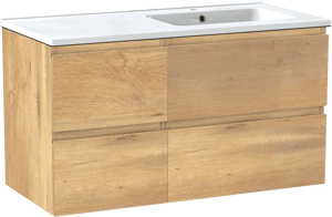 Linie Lado meuble salle de bains suspendu 100 x 46 cm chêne naturel avec Vano vasque asymétrique droite en marbre composite blanc brillant