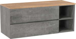 Storke Edge meuble salle de bains suspendu 130 x 52 cm béton gris foncé avec Panton tablette simple ou double en mélaminé chêne brut