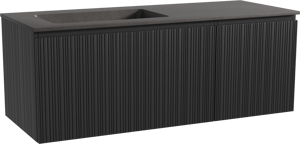 Storke Ribs zwevend badkamermeubel 130 x 52 cm zwarte eik met Scuro asymmetrisch linkse wastafel in kwarts mat zwart, Verticale asymmetrische rechte ribbel