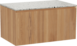 Balmani Idra by Mitra hängendes Möbelstück Set: 90 x 55 cm, Teak, mit Stretto Einzel Waschtischplatte, Terrazzo in Weiß/Schwarz matt
