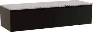 Storke Edge hängendes Möbelstück Set: 150 x 52 cm, Schwarz matt, mit Tavola Einzel- oder Doppel Waschtischplatte, Terrazzo in Weiß/Schwarz matt