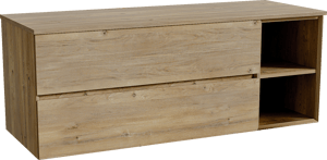 Storke Edge zwevend badkamermeubel 140 x 52 cm ruwe eik met Panton enkel of dubbel tablet in melamine ruwe eik