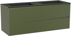 Storke Seda zwevend badkamermeubel 150 x 52 cm olijfgroen met Scuro dubbele wastafel in kwarts mat zwart