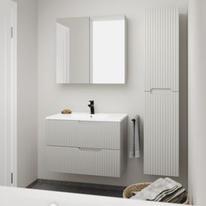Linie Ribbo meuble salle de bains avec plan vasque Vano, armoire de toilette et colonne salle de bains
