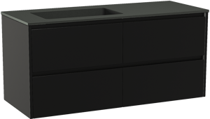 Storke Seda zwevend badkamermeubel 130 x 52 cm mat zwart met Scuro asymmetrisch linkse wastafel in kwarts mat zwart