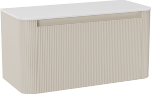 Storke Soft zwevend badkamermeubel 100 x 46 cm Sand mat met Tavola Soft enkele tablet in solid surface mat wit, Verticale symmetrische rechte ribbel