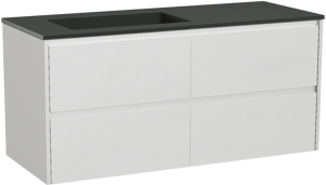 Storke Seda zwevend badkamermeubel 130 x 52 cm mat wit met Scuro asymmetrisch linkse wastafel in kwarts mat zwart