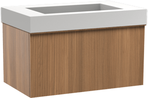 Balmani Forma hängendes Möbelstück Set: 90 x 55 cm, Teak, mit Modus Einzelwaschtisch, Solid Surface, Weiß matt, Vertikale symmetrische gerade Rippe