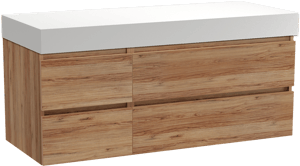 Balmani Lucida meuble salle de bains suspendu 135 x 55 cm teck avec Dominus tablette simple ou double en solid surface blanc mat