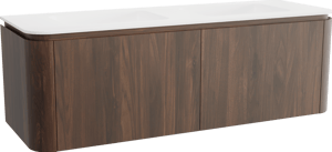 Balmani Moon zwevend badkamermeubel 160 x 55 cm Amerikaanse notelaar met Moon dubbele wastafel, Solid Surface, Mat wit, Vlakke afwerking