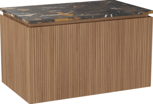 Balmani Eclips hängendes Möbelstück Set: 90 x 55 cm, Teak, mit Stretto Einzel Waschtischplatte Portoro Gold Marmor, Vertikale symmetrische gerade Rippe