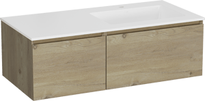Storke Edge zwevend badmeubel 110 x 52 cm ruw eiken met Bilia asymmetrisch rechtse wastafel in composietmarmer hoogglans wit