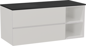 Storke Edge zwevend badkamermeubel 120 x 52 cm glanzend wit met Panton enkel of dubbel tablet in gepoedercoate mdf mat zwart