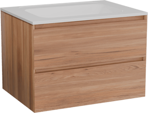Balmani Mitra zwevend badkamermeubel 75 x 55 cm teak met Tablo Strada enkele wastafel in composietmarmer glanzend wit