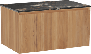 Balmani Idra by Mitra hängendes Möbelstück Set: 90 x 55 cm, Teak, mit Stretto Einzel Waschtischplatte, Marmor Portoro Gold