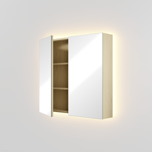 Linie Montro Spiegelschrank Bad: 80 x 75 cm, skandinavische Eiche, mit Spiegelbeleuchtung