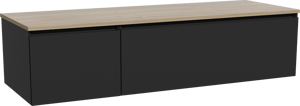 Storke Edge zwevend badkamermeubel 150 x 52 cm mat zwart met Panton enkel of dubbel tablet in melamine ruwe eik