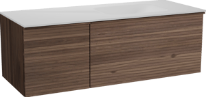 Balmani Forma zwevend badmeubel 135 x 55 cm amerikaans notenhout met Tablo Arcato asymmetrisch rechtse wastafel in solid surface mat wit, Horizontale symmetrische rechte ribbel