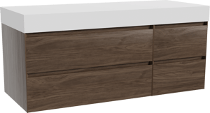Balmani Mitra zwevend badkamermeubel 135 x 55 cm amerikaanse notelaar met Dominus enkel of dubbel tablet in solid surface mat wit